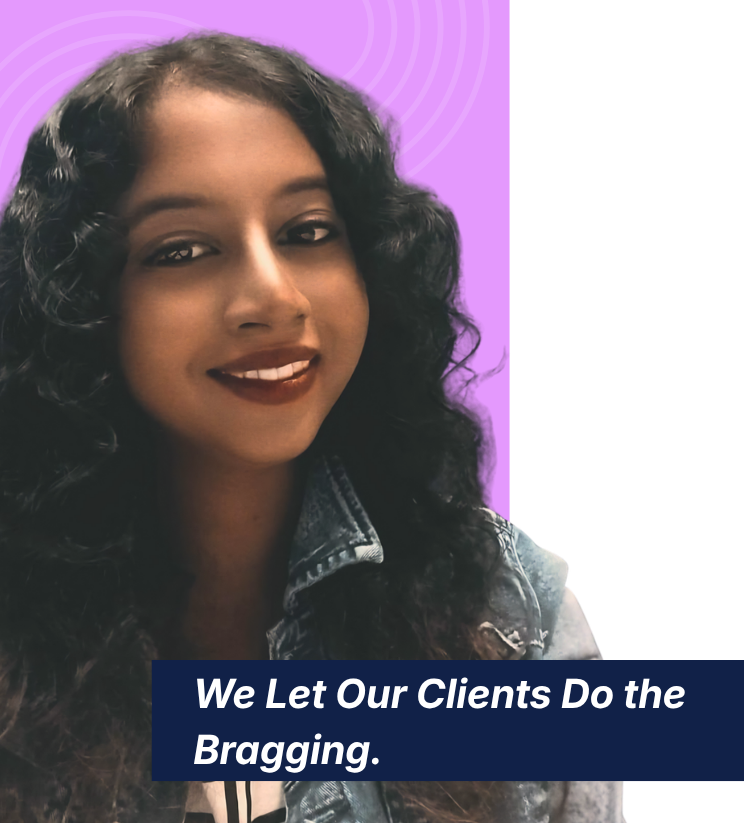 Lady happy that Clients left great reviews for marketing and wizzweb
